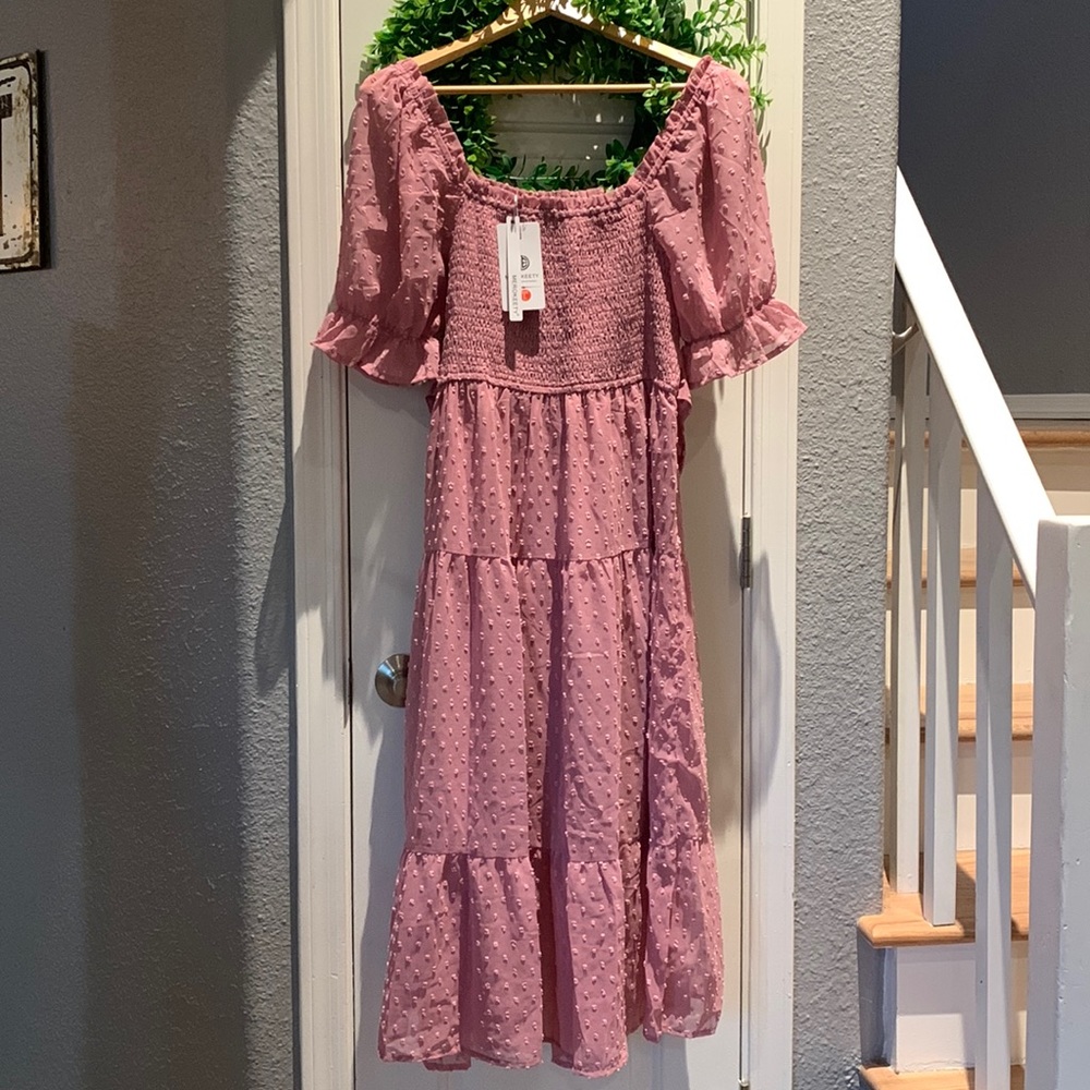 Summer Boho Midi Dress Swiss Dot Ruffle Flowy Tie Back Dress